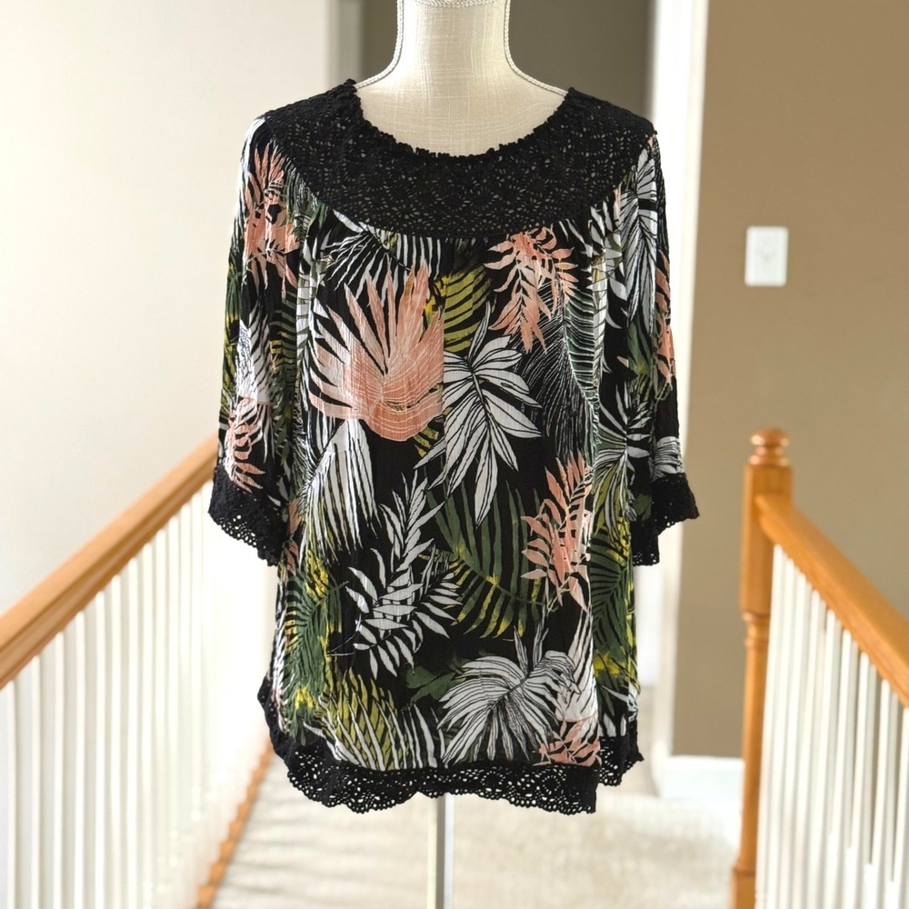 Valerie Stevens Womens Large Tropical Palm Print‎ Crochet Lace Trim Blouse Black
